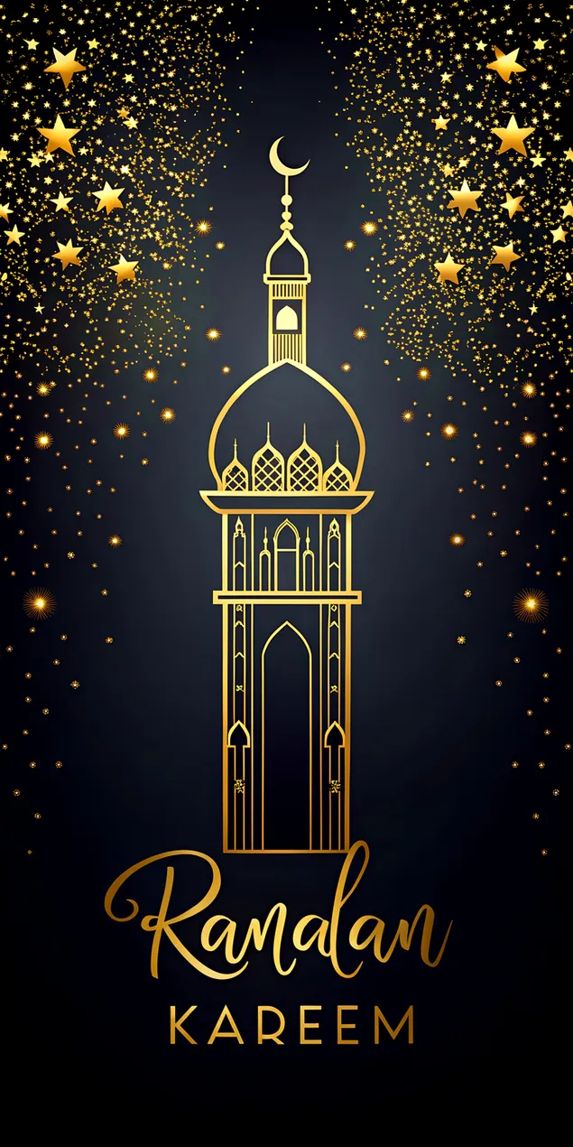 Toile noire élégante avec silhouette de mosquée minimaliste, texte Ramadan Kareem et confettis dorés 2K fond d'écran