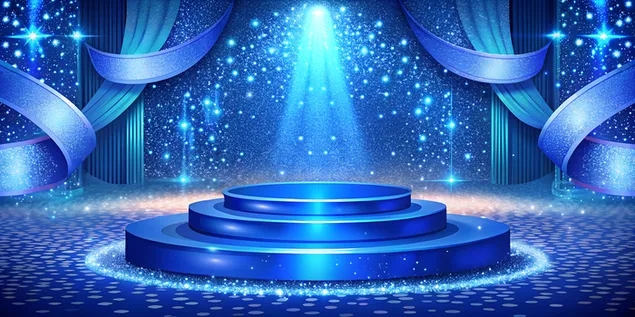 Taustakuva Elegantti sininen podium nauhalla ja glitter Bokehilla, moderni lavasuunnittelu 4K