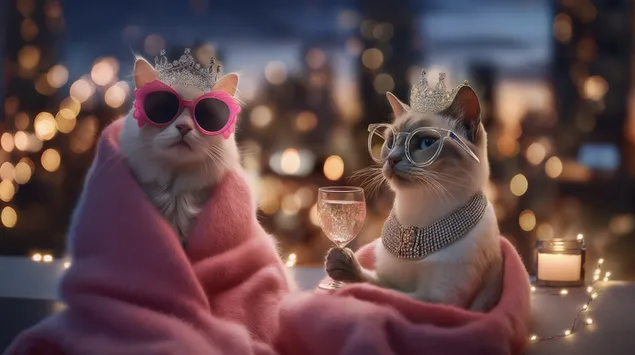 gats elegants gaudint de begudes nocturnes amb llums festives baixada