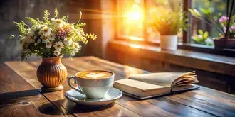 Tapeta Elegantní koutek kavárny s latte art, otevřenou knihou, divokými květinami a teplým slunečním světlem na dřevěném stole 4K