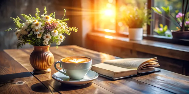 Elegante koffiehoek met latte art, open boek, wilde bloemen en warm zonlicht op houten tafel 4K achtergrond