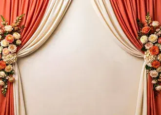 Tapeta Elegantní korálově-krémové závěsy s broskvovými a růžovými růžemi 4K