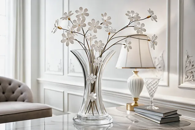 אגרטל קריסטל אלגנטי עם נגיעות פרחים לבנים עדינות המשפרות את עיצוב הפנים היוקרתי 4K טפט