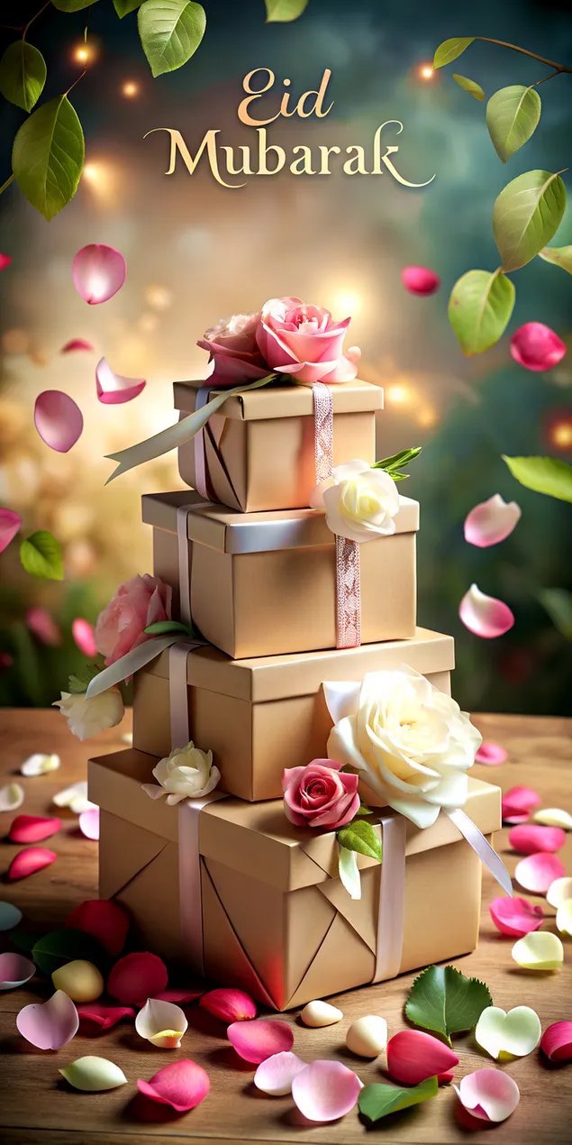 Tapeta Elegantné darčekové krabičky Eid Mubarak s kvitnúcimi ružami a jazmínom, obklopené plávajúcimi lístkami 2K
