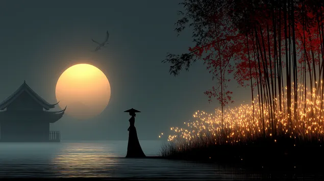 elegantne kuju jarve aares koos templi, bambuse ja paikeseloojangukeraga allalaadimine