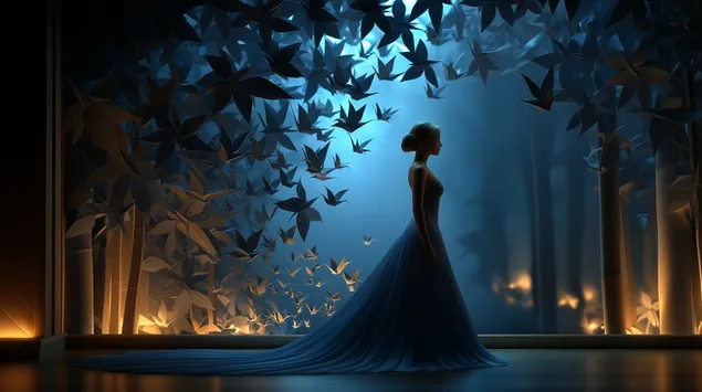 شخصية أنيقة في ثوب متدفق وسط أوراق الشجر الرائعة 2K خلفية