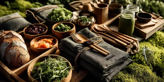 elegante piekniekopstelling vir voedselsoekers met vars bestanddele op mos aflaai