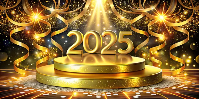 פודיום זהב אלגנטי עם סרט ונצנצים להצגת מוצרים, שנה טובה 2025 4K טפט