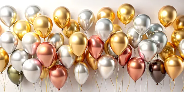 Hình nền bóng bay màu vàng và bạc thanh lịch trên nền trắng 4K