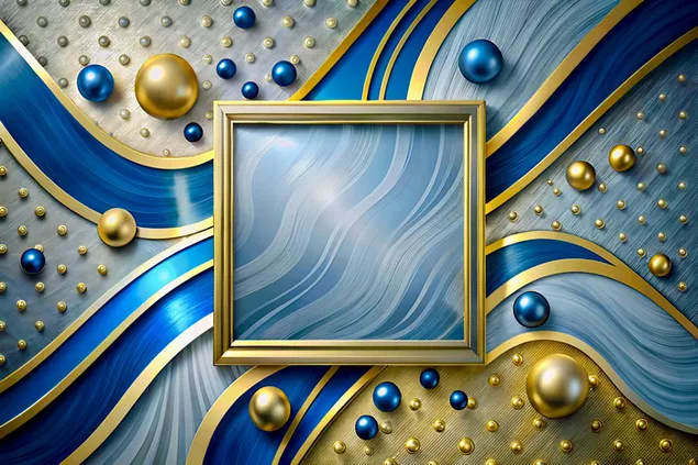 מסגרת זהב אלגנטית על רקע מופשט כחול ולבן עם עיטורי כדור 4K טפט