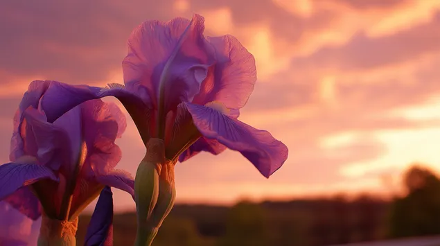 暖かい夕焼けの光を浴びた優雅なアイリス 2K 壁紙