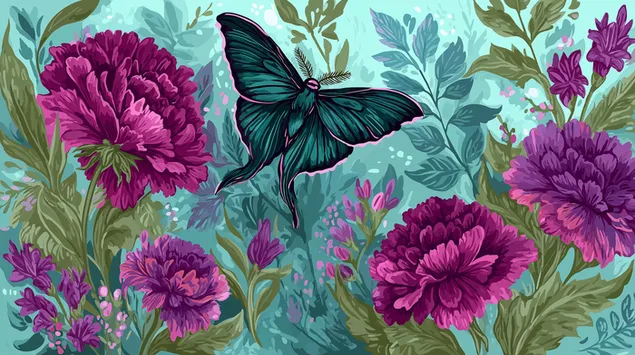 Елегантни луна мољац међу великим дивљим цвећем без шавова 2K позадина