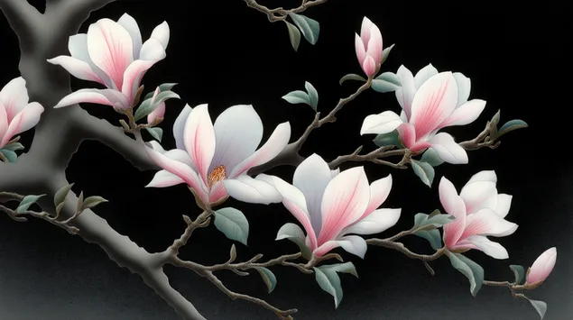 Elegant Magnolia Blooms on a Textured Branch 2K wallpaper