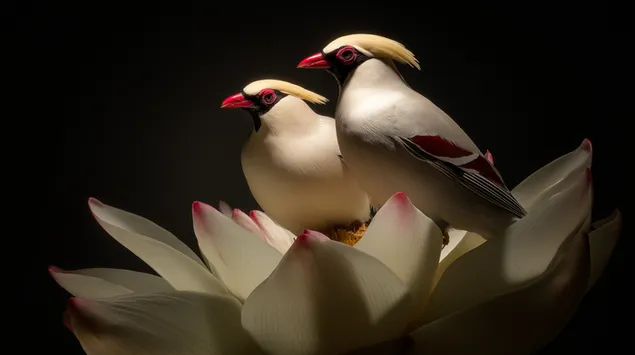 一对优雅的鸟儿栖息在一朵明亮的白花上 2K 壁纸