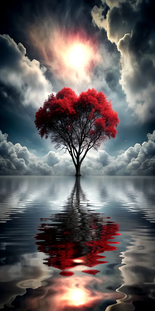 Páipéar balla Crann aonair dearg galánta le scamaill dorcha agus machnamh ar an aigéan2K