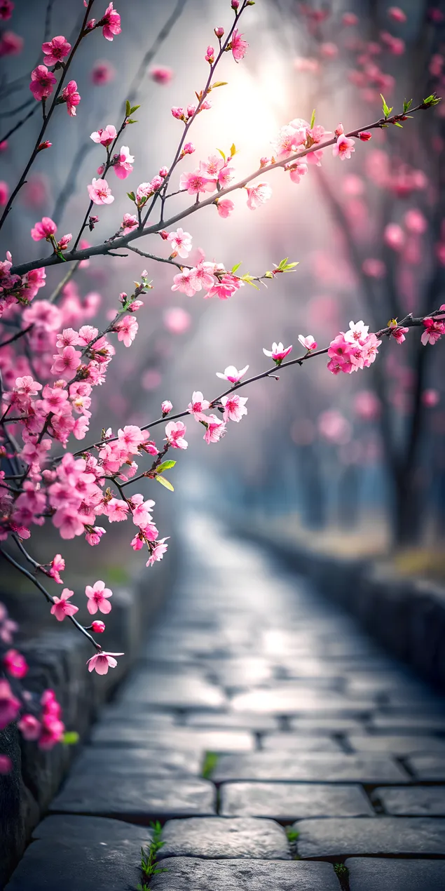 Eleganter leuchtender rosa Zweig über verschwommenem dunkelgrauem Pfad im Frühling 2K Hintergrundbild