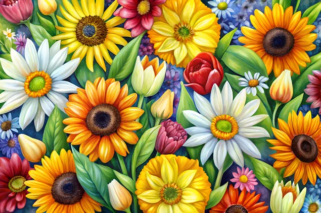 Elegant Sonneblummenarrangement mat grénge Blieder a Aquarelltéin 4K Tapeten