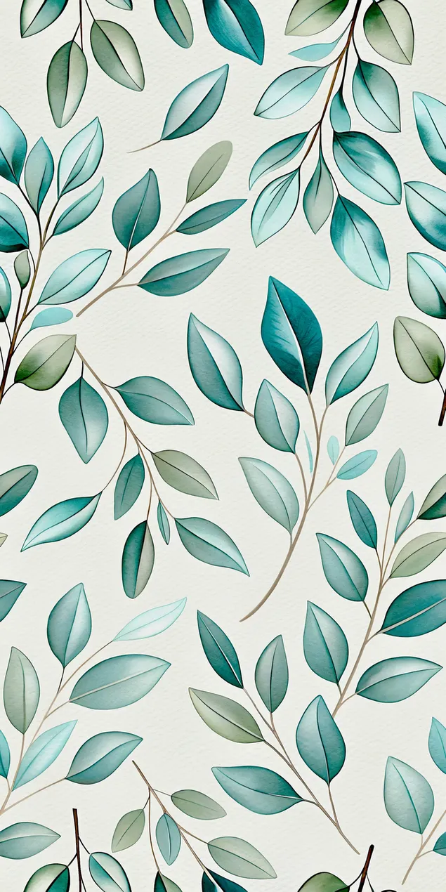 질감이 있는 양피지 배경에 섬세한 청록색과 녹색 잎이 있는 우아한 수채화 식물 패턴 2K 배경화면