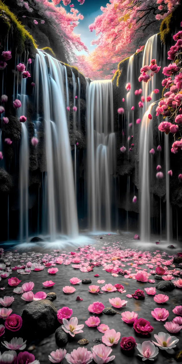 מפל אלגנטי עם סצנת פריחה ורודה 2K טפט