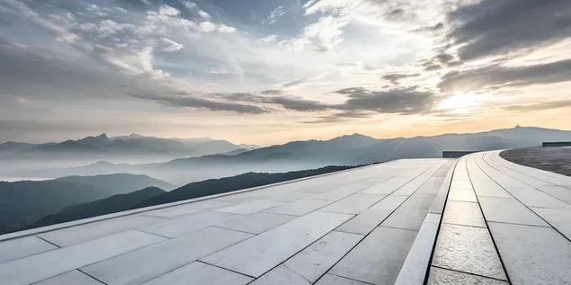 Elegantni prijelaz od bijele do svijetlosive s drvenom podlogom i zalaskom sunca 4K pozadina