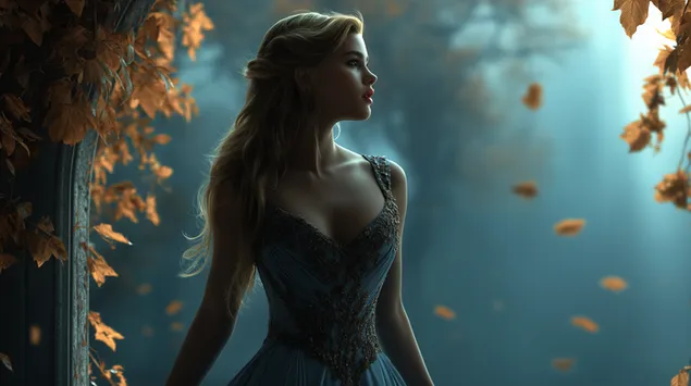 Taustpilt Elegantne naine kleidis sügisese lehestiku keskel 2K