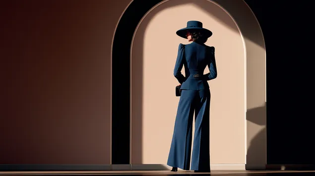 Archway'de Mavi Vintage Elbise ve Hasır Şapkalı Zarif Kadın 2K duvar kağıdı