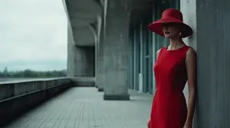 Tapeta Elegantní žena v červených šatech a klobouku na moderní terase 2K