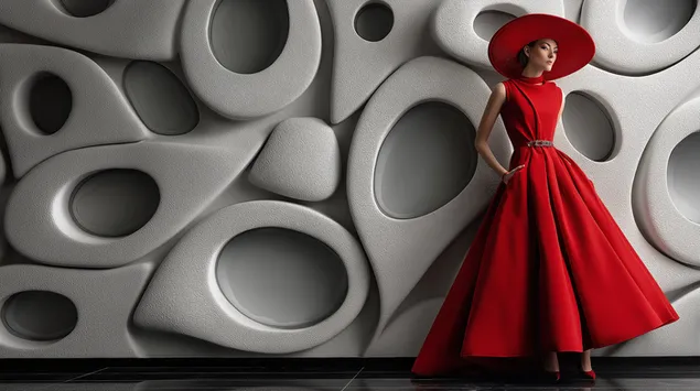 Taustakuva Elegantti nainen punaisessa puvussa modernia teksturoitua seinää vasten 2K