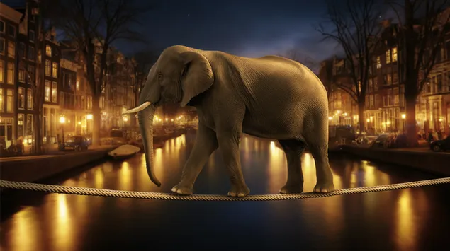 olifant op 'n koord bo amsterdamse kanale in die nag aflaai