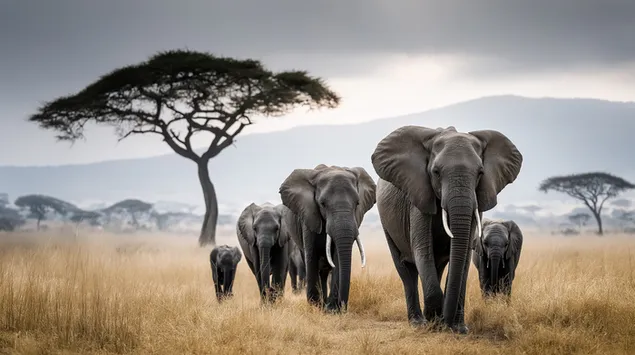 Слонови марширају преко саване 2K позадина