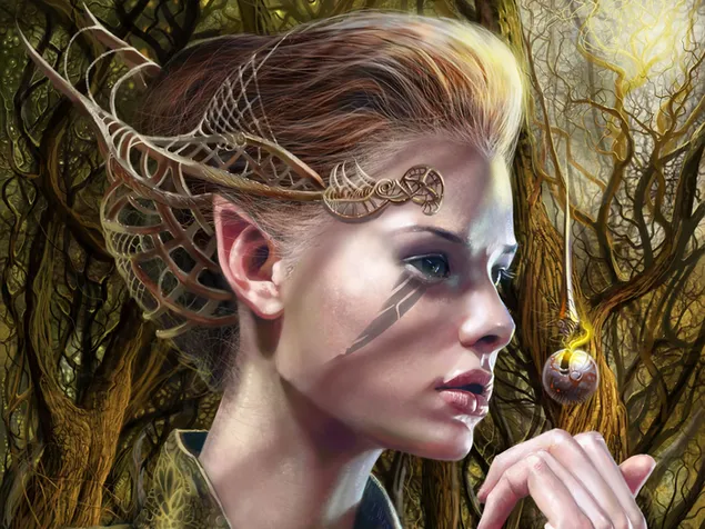 Elfvrou met getatoeëerde gesig HD muurpapier