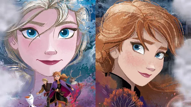 Elsa and Anna's close up look with friends at the bottom