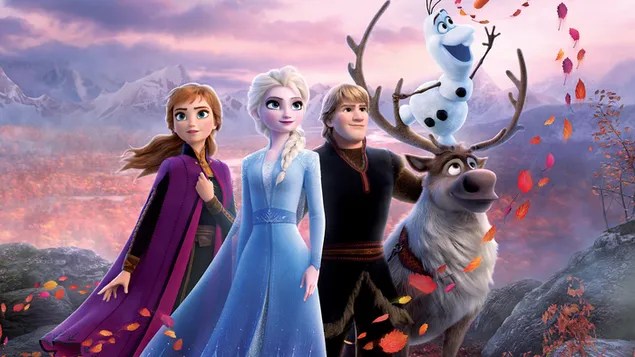 Elsa, Anna, Olaf, Kristofi dhe Sven nisen për në Pyllin e Magjepsur 4K sfond