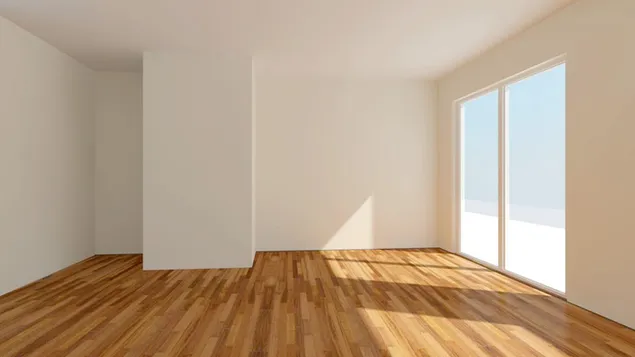 Habitación vacía con paredes blancas cubiertas con pisos de madera. 4K fondo de pantalla
