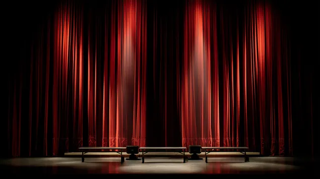 Leë verhoog met geslote teatergordyne verlig deur kolligte 2K muurpapier