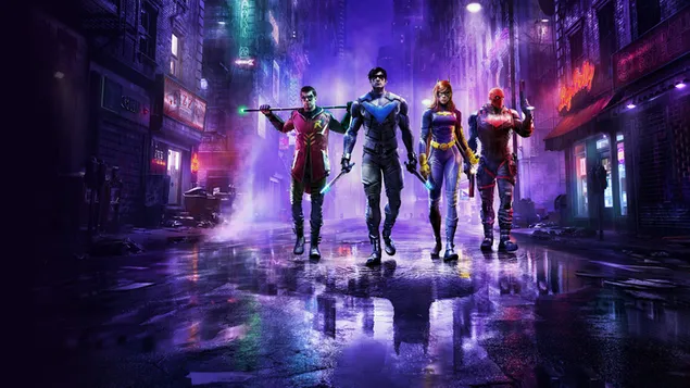 En el videojuego Gotham Knights, cuatro personajes caminan por la ciudad lluviosa y coloridamente iluminada.