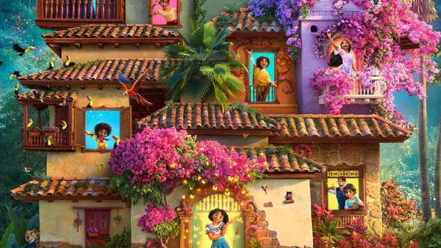 Encanto animated movie house with rainbow-colored flowers and mirabel madrigal download