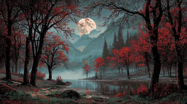 Dolunay Gecesi Altında Büyülü Sonbahar Orman Gölü 2K duvar kağıdı