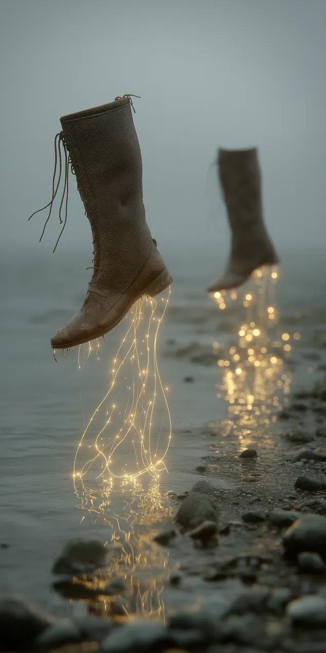 sepatu bot ajaib mengambang di atas air dengan energi bercahaya yang menembus unduhan