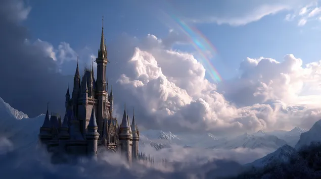 Förtrollat ​​slott på en bergstopp med en avlägsen regnbåge 2K bakgrund