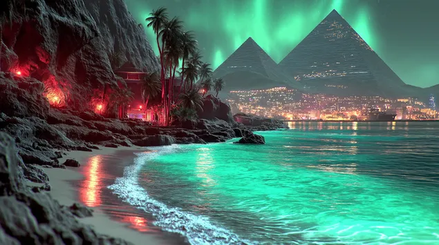 lumottu rannikkomaisema valaistuine pyramideineen ja rantaviivalla lataa