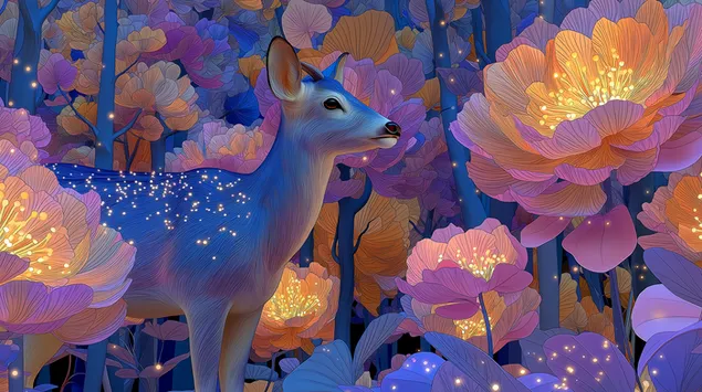 Dre e magjepsur me njolla të ndezura në një pyll fantazie të gjallë 2K sfond