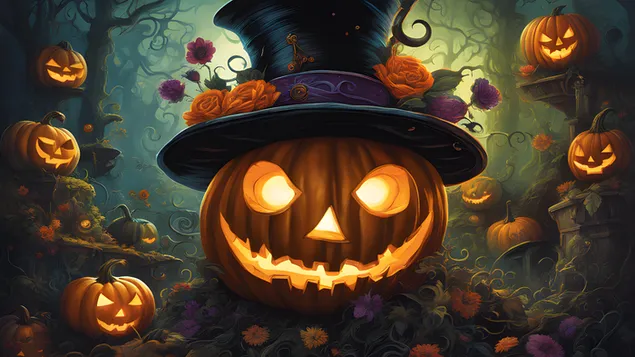 Zauberwald und Kürbis mit Hut zwischen Weinreben 2K Hintergrundbild
