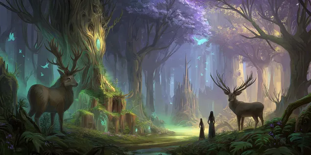 clara del bosc encantat amb cervols drets i estructures de torre baixada