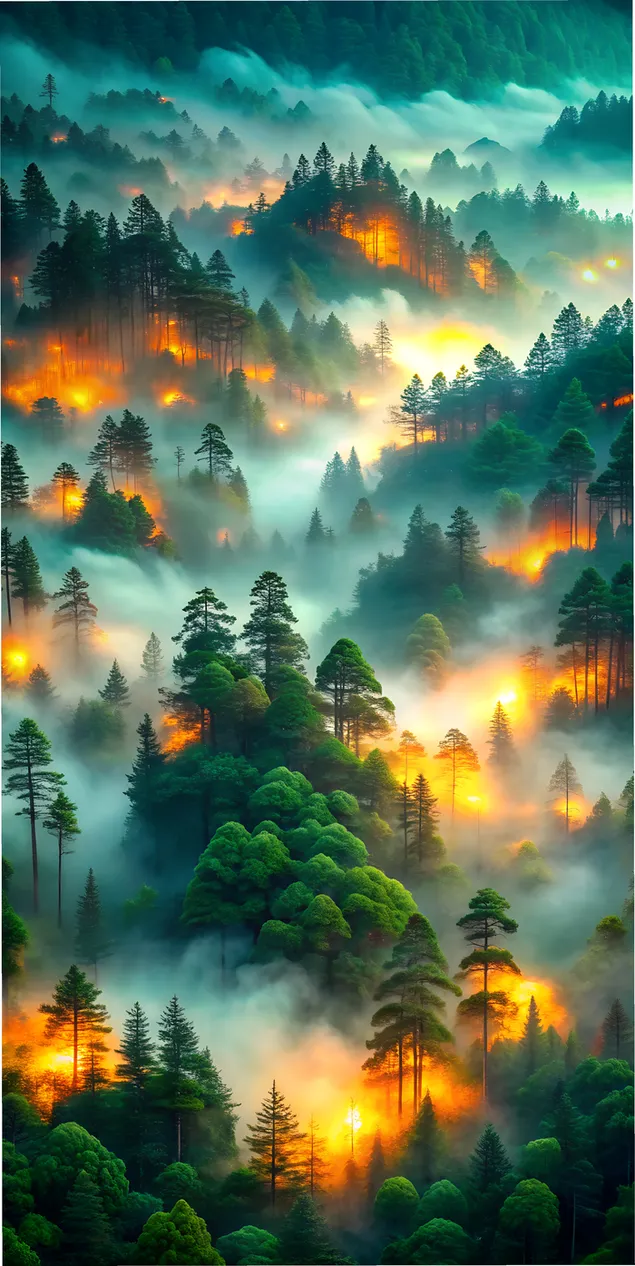 Užburtas miškas miglotame kraštovaizdyje 2K ekrano užsklanda