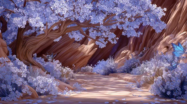 zacharovana lisova stezhka z syayuchoyu floroyu ta metelikami zavantazhiti