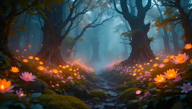 Tapeta Začarovaný lesný chodník so žiariacimi lotosovými kvetmi za súmraku 4K