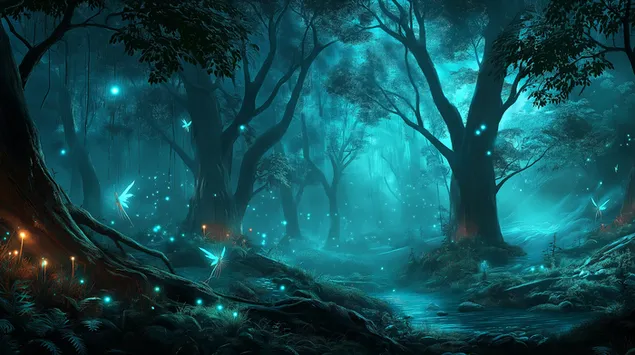 Taustakuva Lumottu metsä eteerisesti hehkuvan kasviston ja eläimistön kera 2K