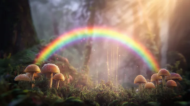Bosc encantat amb bolets brillants i llum de l'arc de Sant Martí 2K fons de pantalla