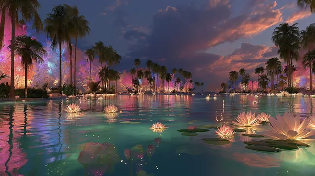 Betowerde Lagune met Bioluminescerende Flora in Skemer 2K muurpapier